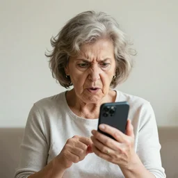 astonished older lady looking at smartphone angrily, wild hair, greek ethnicity, angry eyes,