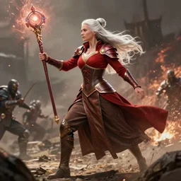 middle aged woman long white hair updo wearing red armor top long sleeves with gold accents, brown ribbon style corset, brown long skirt cover legs, holding magical staff, shooting magic, middle of battle, full body, epic, d and d, cinematic, dynamic lighting, concept art, large focus, rich color, bioware, dragon age character wynne, by greg rutkowski
