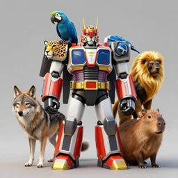 a brazilian - themed megazord, composed of a jaguar, a blue arara, a golden lion tamarin, a guara wolf and a capibara