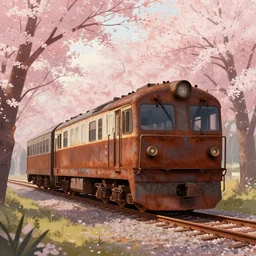 a rusty train in a forest of cherry blossoms, magic hour, digital illustration, by pete mohrbacher, by garis edelweiss