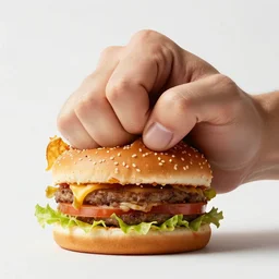 mcdonalds hamburger smashed by a giant fist, commercial photography