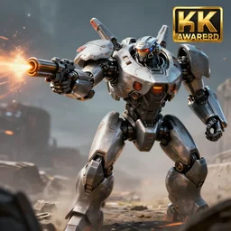 futuristic armed battlemech shooting guns, highly detailed, 8 k, hdr, award - winning, unreal engine, trending on artstation, volumetric lighting