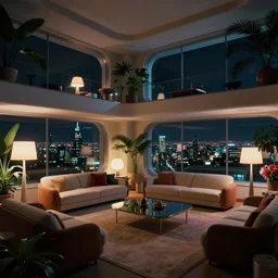 concept art, night time retro - futurist penthouse, reflections, moody, designer furniture, high ceiling, 6 0 s colour palette, plants, flowers, floor lamps, multi - level, soft lighting, city view, bladerunner, james jean, syd mead, akihiko yoshida, cinematic
