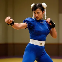 stunning stills of Chun li, wearing a blue bodysuit, fighting in the movie Fight Club (1999), defined musculature, sharp