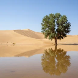 flooded desert, tall dunes, reflections, luxuriant trees, marc adamus, landscape