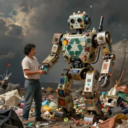 a realistic photo of a latin american recycler making a complex and big robot with materials of the retro garbage left by people from their daily consumption, dystopic and utopic conceptual art ( variation )