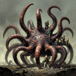 concept for no curves goliath mollusk with dangerous polydactile barbed impobables by virgil finlay, jack kirby, b. wrightson, alberto bontempi, shigeru komatsuzaki, wayne d barlowe, alex ross, enric torres, simon bisley & boris vallejo, hyper realism, cinematical, narrative light, muted colors, epic,