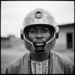 an analogue photo of an Tribal Igbo man wearing futuristic mecha helmet, black & white, 35mm, f/1.4,