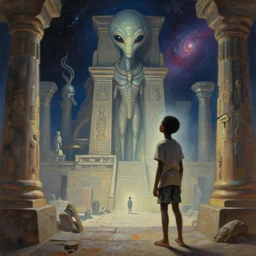 an epic 8 k resolution painting of a black boy exploring the temple of the alien gods at the end of the universe, by bob eggleton
