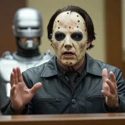 leatherface in court testifying against robocop, detailed facial expressions