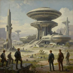 cinematic view of a detailed retro scifi landscape, futuristic, desaturated, tim hildebrandt, wayne barlowe, bruce pennington, donato giancola, larry elmore, oil on canvas, masterpiece, trending on artstation, featured on pixiv, cinematic composition, dramatic, beautiful lighting, sharp, details, hyper - detailed, hd, hdr, 4 k, 8 k