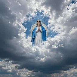 wide angle sky with blue virgin mary cloud in center