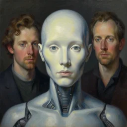 a stunning painting of a artificial intelligence looking directly at you by thomas kinkade and john aktinson grimshaw, matte painting, moody palette