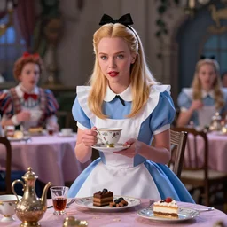 charlize theron as alice in wonderland mad hatters tea party, unreal engine max vram, volumetric lighting, extremely high quality, surealism