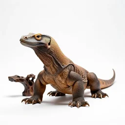carved wooden komodo dragon, photorealistic wildlife photography, full body, isolated on a pure white background, centered, entire subject in frame, sharp focus, soft studio lighting