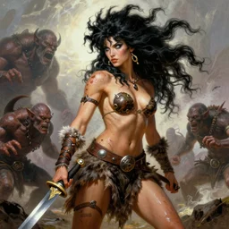 Savage battlescarred Saiyan warrior girl, cavewoman, wild spiky black electrified hair, pelt, scimitar, primeval fantasy, prehistoric fantasy, orcs, goblins attacking, 1980s pulp fantasy, art by Frank Frazetta and Boris Vallejo