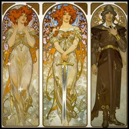 paladin holding sword by alphonse mucha, ayami kojima, amano, greg hildebrandt, and mark brooks, female, feminine, art nouveau, cyberpunk, neo - gothic, gothic, character concept design