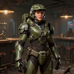hyper detailed ultra sharp full body character portrait of a woman in halo armor standing in a destroyed dive bar, with a realistically proportioned face, cinematic lighting, good value control, smooth, realistic shading, realistic face details, smooth, highly detailed, digital painting, painted texture maps, illustration, concept art, painted texture maps, substance painter
