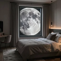 bedroom with a view of the moon surface, 4K photo