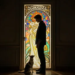 an adult man stands with a pet at the door, dark room, side profile centered, by artgerm, cushart krenz, greg rutkowski, storyboard, mucha. art nouveau. gloomhaven, swirly vibrant ripples, gaudy colors, sharp edges. ultra clear detailed. 8 k. elegant, intricate, octane render