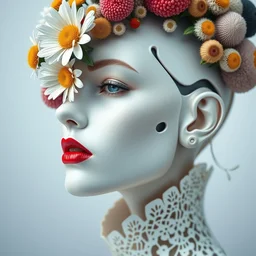 biomechanical beautiful woman portrait with a smooth carved porcelain ivory profile face, futuristic haute couture, iris van herpin, headdress with daisies, colorful puffballs, mushrooms, rhizomorphs, brackets, sponge corals, laser cut paper collar, red lips, leaves tendrils magnesium, hyper detailed, ultra sharp, 8 k, uhd