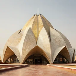 interior of a futuristic lotus fractal temple with gold, red and white marble panels, in the desert, by buckminster fuller and syd mead, intricate contemporary architecture, photo journalism, photography, cinematic, national geographic photoshoot