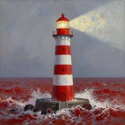 A beautiful painting of a singular lighthouse, shining its light across a tumultuous sea of blood by greg rutkowski and thomas kinkade, Trending on artstation - n 4