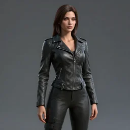a portrait of a female wearing a skintight leather jacket, trending on artstation, artstationhd, artstationhq, full body shot, cycles render, octane render, unreal engine, vray