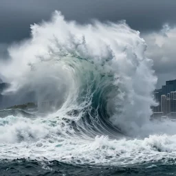 giant mega tsunami wave about to crash over hong kong, cinematic, hyper realistic, dramatic light,
