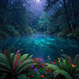 photograph of a beautiful lake lake lake in a dense mystic forest, colored flowers, mystic hues, bioluminescence bioluminescence , breathtaking lights shining, psychedelic fern, tyndall effect, fireflies fireflies, dense forest, foggy, 4k, Acid Pixie, by thomas kinkade and lee madgwick