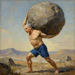 a painting of benjamin netanyahu as sisyphus, carrying large boulder on shoulders, by franz stuck