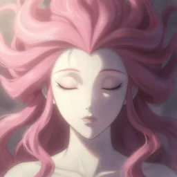 textured pale white face with closed eyes with hair made of pink and dark flowing ribbons, sketch illustration, soft glow, dappled light, disney concept art, backlit, indie studio, fantasy, rim lighting, pastel shades, powerful, emotional, powerful, epic composition, noise, texture, rule of thirds,