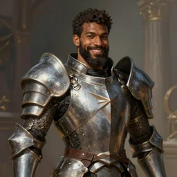 medium-length portrait of a male paladin with short curly hair and a dark beard, dark brown skin, happy expression, wears a suit of power armor, gundam, medieval setting, highly detailed, digital painting, artstation, concept art, sharp focus, illustration, art by greg rutkowski and alphonse mucha