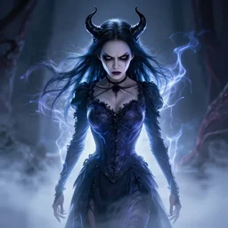 photorealistic full shot portrait of angry darkness anime girl, electric aura, inspired by tim burton, detailed, unreal engine 4 k, volumetric light, fog