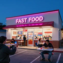 a neon fast food in usa, people outside eating meals, midnight, selfie