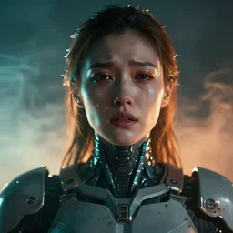 ( ( symmetry ) ) closeup portrait of a stunning cyborg girl crying in tears, angular armor, strong cinematic light, backlit, teal orange, viscous volumetric smoke, mist, by gerald brom, by mikhail vrubel, by peter elson, muted colors, extreme detail, trending on artstation, 8 k