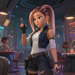 a wholesome cyberpunk key shot of ariana grande as a detective searching a scifi restaurant with a high ceiling for clues of an alien invasion, studio ghibli, pixar and disney animation, sharp, rendered in unreal engine 5, anime key art by greg rutkowski, bloom, dramatic lighting