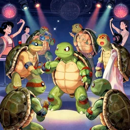 mutant teenage turtles in a disco party, digital art, ukiyo - e