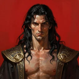 painted portrait of ruggedly handsome hades greek god by greg rutkowski gaston bussiere [ long jet black wavy hair ] focused on face, muscular physique masculine manly mature, robe fantasy intricate elegant detailed digital painting concept art artstation sharp focus illustration red paint