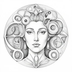 hyper detailed bw linear pencil drawing, woman portrait, organic symmetric shapes by ernst haeckel
