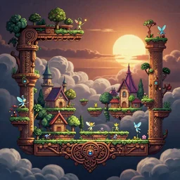 A fantastical village inhabited by fairies, side-scrolling 2d platformer game level, swirling clouds, fantasy magical vegetation, dramatic dusk sun illuminates areas, volumetric light , detailed carved ornaments, rich color, upscale , 8k