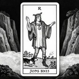 The Fool tarot illustration, matte painting, black and white, small dog chasing after him, cliffs