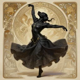 full body photography of a female anthropomorphic black labrador dancer, deep focus, d & d, fantasy, intricate, elegant, highly detailed, digital painting, artstation, concept art, matte, sharp focus, illustration, hearthstone, art by artgerm and greg rutkowski and alphonse mucha