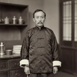 Portrait of a 19th century Chinese man in an old traditional Chinese medicine store, 1900s photography