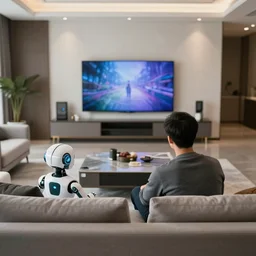 in a modern decorated living room, a man and a robot sit on the sofa with their backs to the camera, watching tv