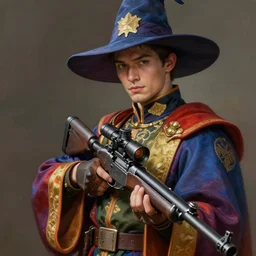 an anthropomorphic beautiful male soldier portrait holding a science fiction sniper rifle wearing colourful robe, fine art, award winning, intricate, elegant, sharp focus, octane render, hyperrealistic, wizard hat cinematic lighting, highly detailed, digital painting, 8 k concept art, art by jamie hewlett and z. w. gu, masterpiece, trending on artstation, 8 k
