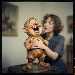 kodak portra 4 0 0, wetplate, muted colours, blueberry, 1 9 3 0 s style, award winning portrait of wooden skulptur of hysterically laughing loudly dwarf by willy verginer in a vernissage, haze, motion blur, in the style of britt marling and by georges melies