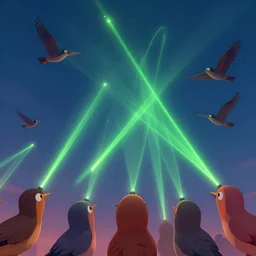 birds looking at lasers in the sky, in the style of Kurzgesagt, digital art, award winning 4K