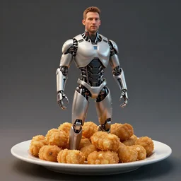 a full body shot of channing tatum as half human and a tater tot on a plate, ef 8 5 mm f 1. 8 usm, bionic scifi alexandre ferra, hyper detailed, digital art, trending in artstation, cinematic lighting, studio quality, smooth render, unreal engine 5 rendered, octane rendered