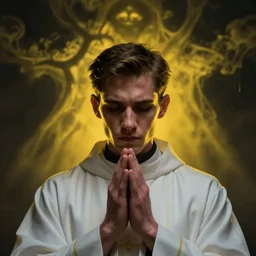 Close up of a young, thin and stern catholic priest in his thirties fervently praying as he is about to die from the ominous yellow shadow descending upon him from the night sky. Low angle, dramatic lighting. Award-winning digital art, trending on ArtStation